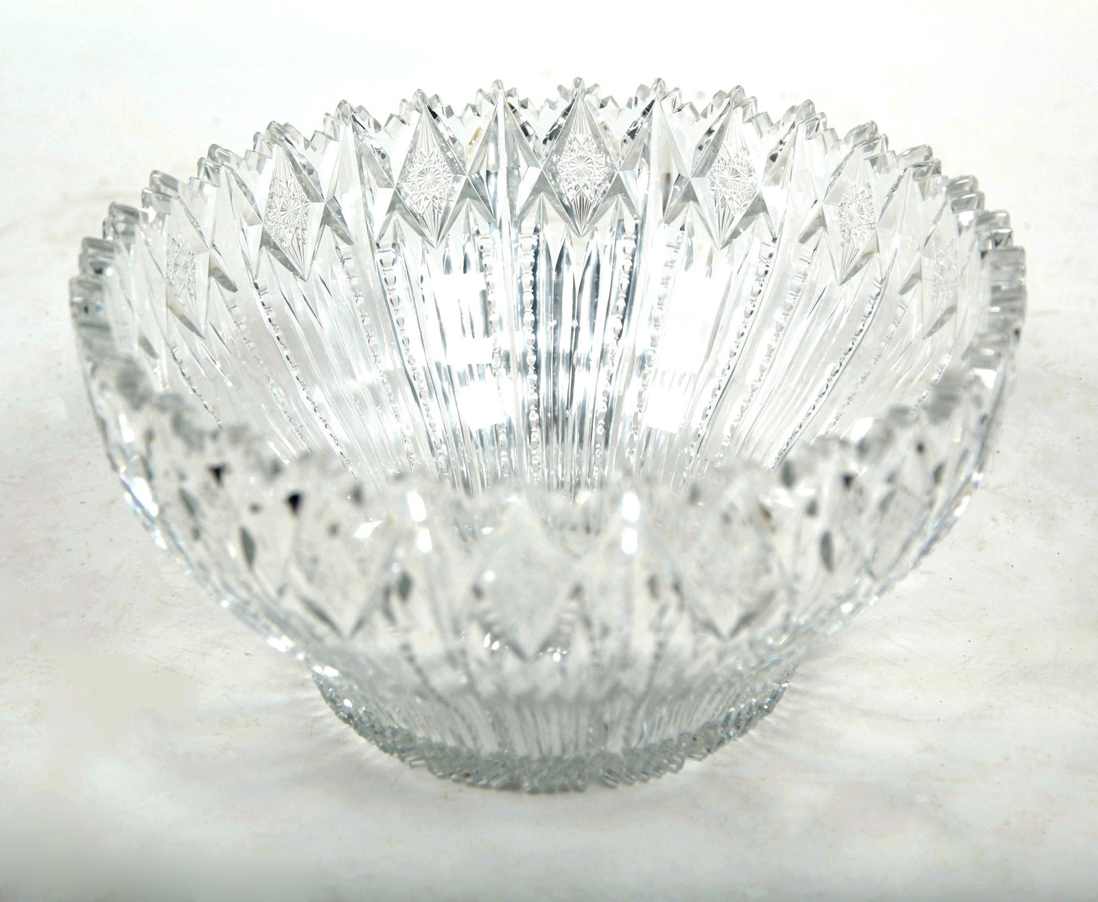AMERICAN BRILLIANT CUT GLASS PUNCH BOWL.: Ca 1896. Palmeto pattern by Clark. Pinpoint frit or potstone along edge. 7.5”h. 14”d.
