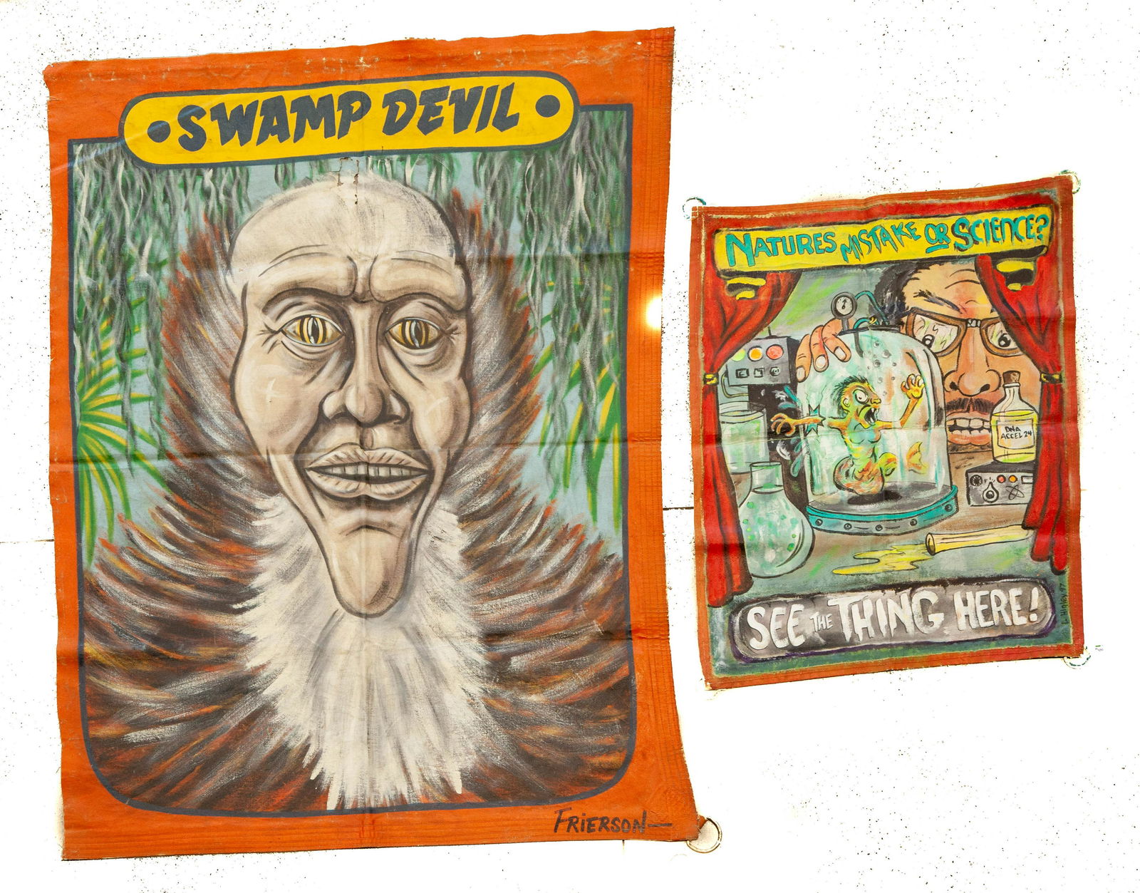 TWO AMERICAN CIRCUS SIDESHOW BANNERS. (1 of 5)