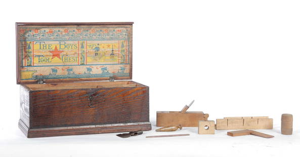 "THE BOYS TOOL CHEST".: Made by "R. Bliss MFG Co.", Rhode Island, 1st quarter 20th century. Pine and oak box with lithograph on inside of lid. Fitted tray and several tools including plane, square, miter box, etc. 6.5"h. 17"