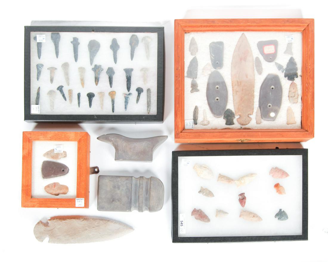 COLLECTION OF AMERICAN INDIAN ARTIFACTS.: Includes points, spears, gorgets, drills, axe etc.