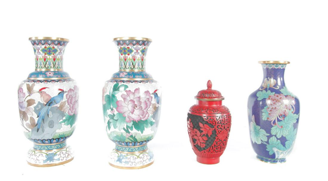 FOUR CLOISONNE AND CINNABAR VASES. (1 of 3)