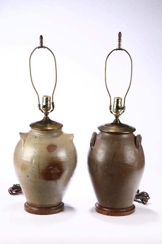 TWO STONEWARE CROCK LAMPS.