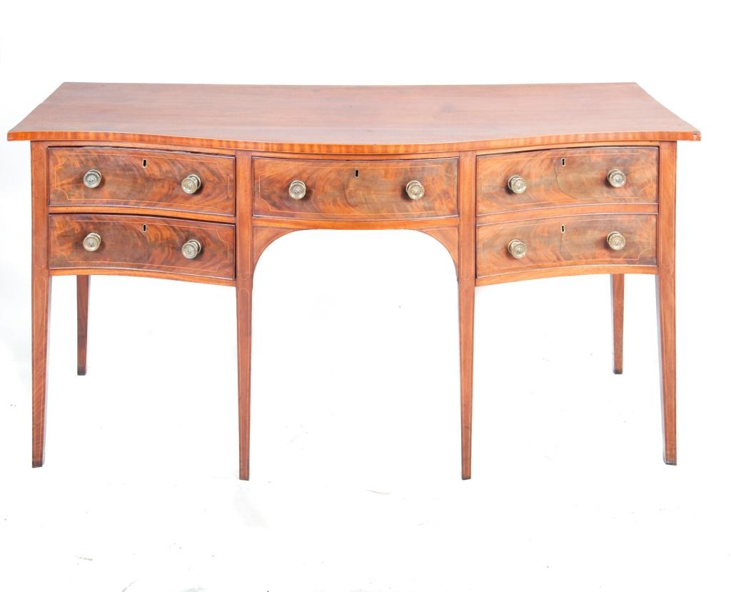 AMERICAN HEPPLEWHITE INLAID SIDEBOARD.: Attributed to Charleston, South Carolina, late 18th century, mahogany with pine and yellow pine secondary. Tapered legs, three dovetailed drawers, and one bottle compartment with original brass pulls 