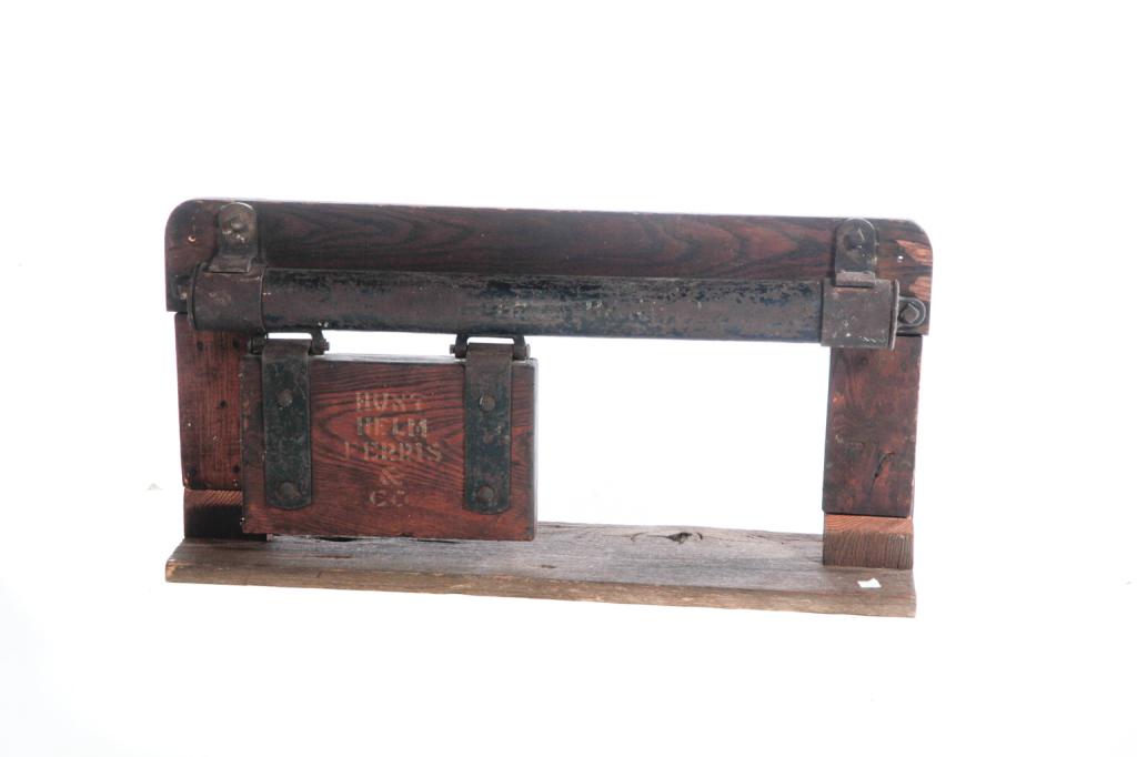 BARN DOOR SALESMAN SAMPLE.: American, ca. 1900. Oak and steel model for barn door rollers. Stenciled on door "Hunt, Helm & Ferris". 14.5"h. 29"w. 7"d.