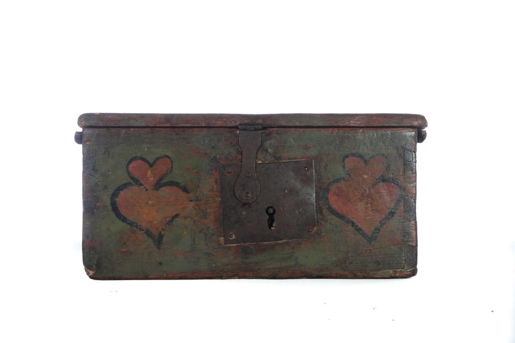 DECORATED DOCUMENT BOX.: Possibly European, 1st half-19th century, pine. Wide dovetails. Original paint with peacocks, compass stars, and naive hearts. Added coin slot and lock. 8.5"h. 17.5"w. 10"d. Age split, wear, paint enh