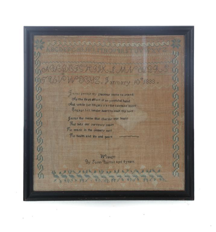 SAMPLER.: Probably England, silk on linen. Alphabets, verse and strawberry bottom border with â€œJanuary 10th 1833, Wrought by Susan Backus aged 8 years. Stain. Framed. 18.25”h. 18.75”w.