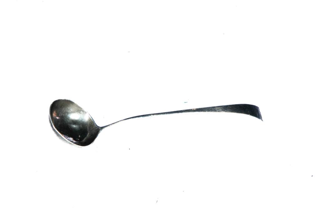 HESTER BATEMAN SILVER SAUCE LADLE.: England, dated 1790-1791. Graceful shape with a few dents in bowl. 5"l.