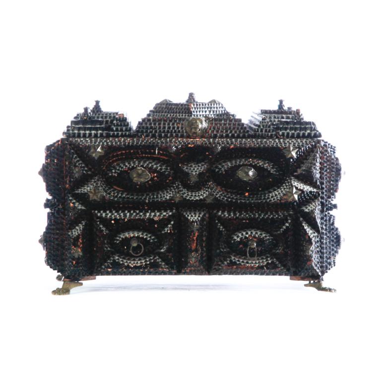 AMERICAN TRAMP ART JEWELRY BOX.: Early 20th century. Highly decorative box with brass embelishments including paw feet. Top compartment has mirror and velvet lining. Edge wear and loose hinges. 9"h. 13"w. 8"d.