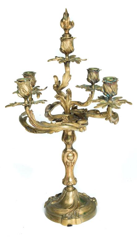 HEAVILY CAST BRONZE CANDELABRA.: European, 2nd half 19th century. Five lights with curved foliage, torch finial cup for center candle cup and base trifoil design. 21.5"h. 13"dia.