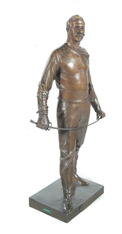 BRONZE FENCER, CHARLES SAMUEL.: Belgium, 1862-1939. Early 20th century, signed on the base with incised and paper label for "H. Luppens, Bruxelles" foundry. Standing figure titled "Avant l'Assaut". 24"h.
