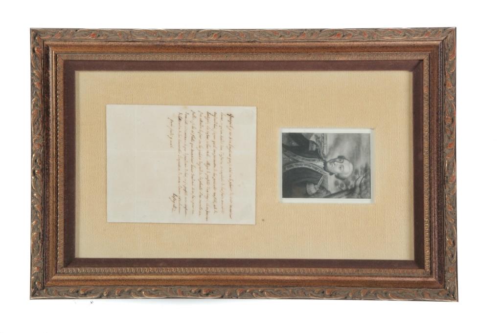 LAFAYETTE SIGNED DOCUMENT.: France, 1st half 19th century. Undated and written in French on heavy rag paper. Signed lower right and frame with black and white engraving of the general in Colonial Army uniform, with battle scene 