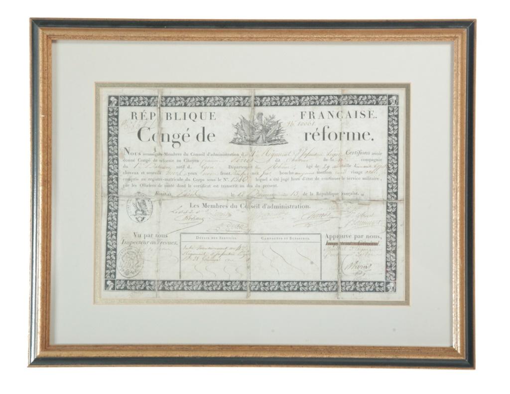 FRENCH MILITARY DOCUMENT.: First quarter 19th century. Printed on rag paper with pen and ink notations. Probably a military discharge. Loss. Late frame, 15.25"h. 19.5"w.