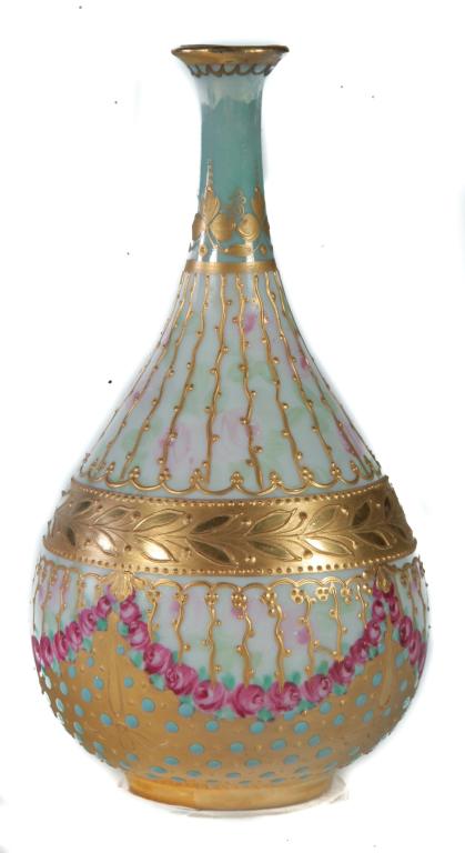 ROYAL VIENNA PORTRAIT BUD VASE.: Austria, 2nd half-19th century, porcelain. Hand painted portrait of the Comtesse du Barry signed â€œWagner” with floral decoration and gilding. Underglaze blue beehive on the bottom with han