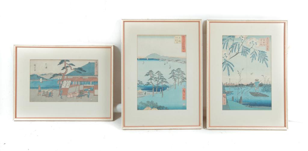THREE JAPANESE WOODBLOCK PRINTS, ANDO HIROSHIGE.: Most likely late 19th-early 20th century. Oh-iso from "53 Stations of Tokaido Highway", Ayase River from "100 Views of Edo" 19.25"h. 14.25"w. and travelers at roadside stand, 13.75"h. 17.75"w. Framed 