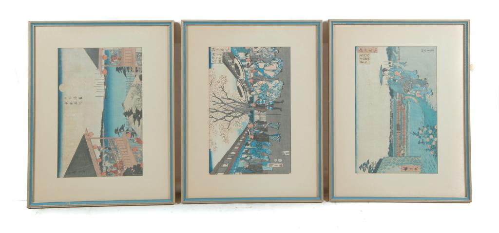 THREE JAPANESE WOODBLOCK PRINTS, ANDO HIROSHIGE.: Probably 2nd half-19th century. Resting tea House from "53 Stations of Tokaido Highway", inn in Shinagawa from "Harbors of Japan", and Toranomon from "Famous Places in Edo". Matching frames, 14.75"h. 