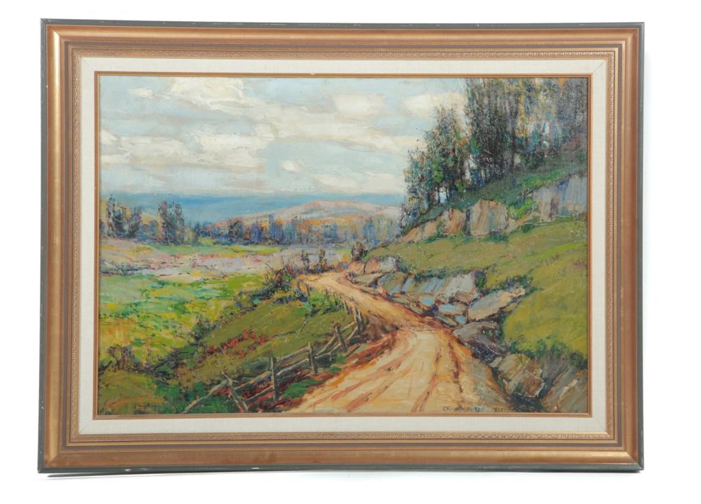 LANDSCAPE BY CHARLES DUVALL (OHIO, 1864-1966).: Oil on canvas, signed and dated 1935 lower right. Country road in impasto. 22.5"h. 32.5"w., framed, 28.75"h. 38.5"w.