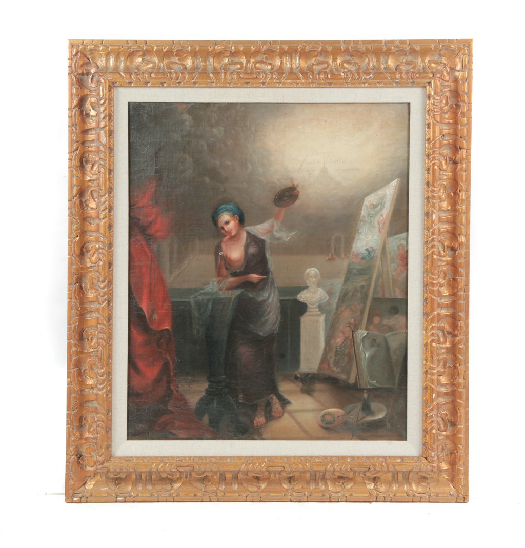 PORTRAIT OF THE MUSE POLYMNIA SIGNED "J.J. TUCKER.": American, late 19th century. Oil on canvas, signed lower right. Classically draped muse of painting and sculpture in her studio, pointing to names of famous artists. Restored, rebacked on canvas. 24��