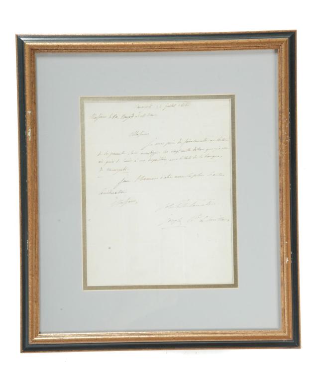 HANDWRITTEN DOCUMENT.: Pen and ink on paper. French letter written from New York, July 24, 1816 concerning $20,000 from the Bank of New York. Creases. Late frame, 16.5"h. 14.5"w.