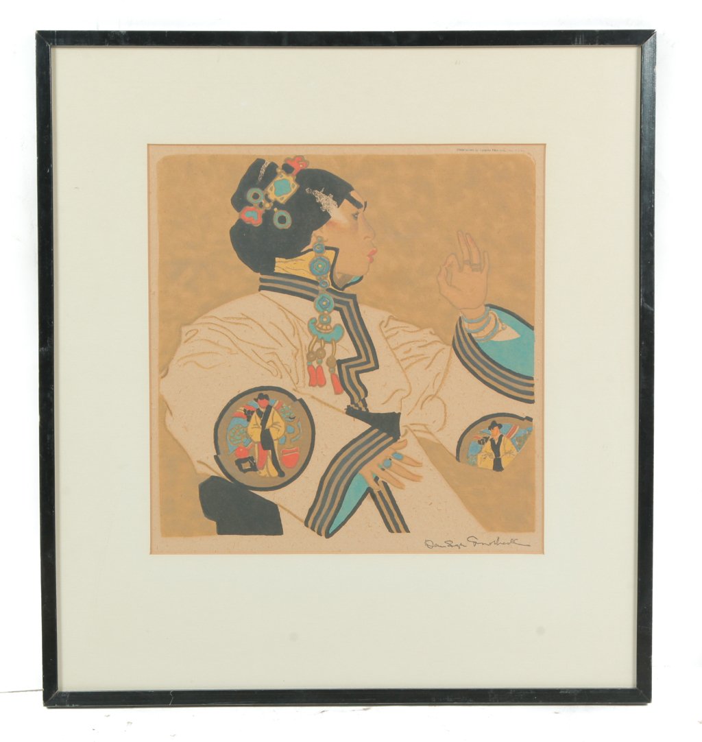 STREET DANCER PRINT, DANIEL SAYRE GROESBECK.: (American, 1878-1950). Serigraph on paper, signed on the plate lower right. Chinese woman in white robes. "Copy right Catalda Fine Arts, Inc (NYC)". Framed, 22.75"h. 20.5"w.