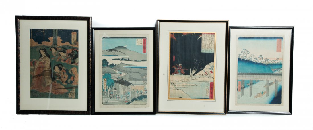 FOUR JAPANESE WOODBLOCK PRINTS.: Late 19th century. Two Ando Hiroshige with Kichizo publisher's trade mark. City walls and bridge. 17.25"h. 12.75"w. And four women, Kunisada. Stains. 19.5"h. 14.75"w. Together with a samurai on horseb