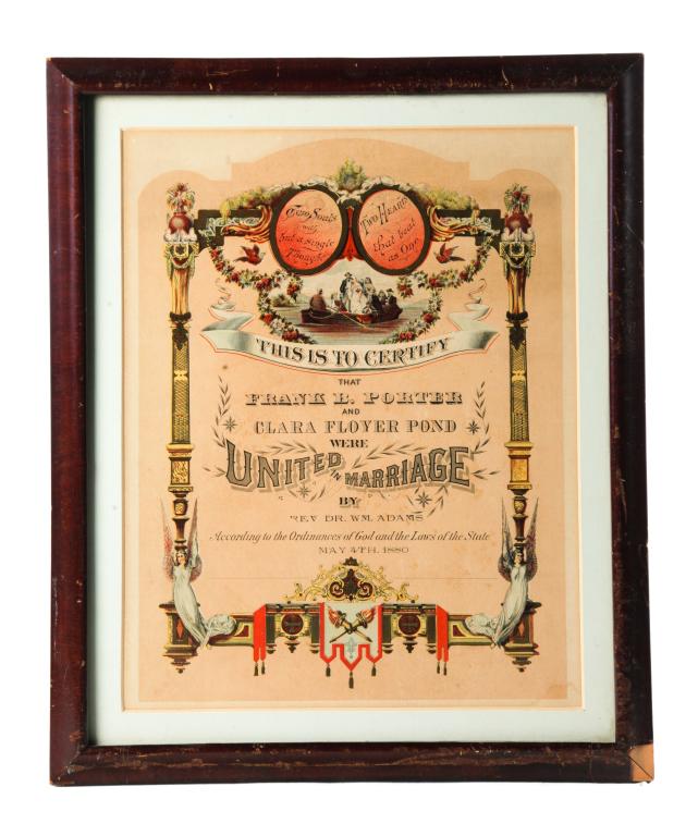 CHARLES F. POND FRAMED PORTRAIT ON PORCELAIN.: American, mid 19th century. He wears a black vested suit and has curly grey hair and goatee. 12"h. 10"w. Together with a marriage certificate for his daughter, Clara Floyer Pond," dated May 4th 1880. 
