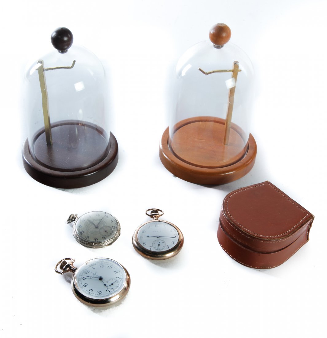 THREE ANTIQUE POCKET WATCHES & DISPLAY PIECES.: American, late 19th-early 20th century. Three gold filled open face pocket watches including: Elgin , ca. 1908, 12s, 17J, #13475108 (running, no guarantee); Hamilton Watch Co., ca.1924, model 912, 12s