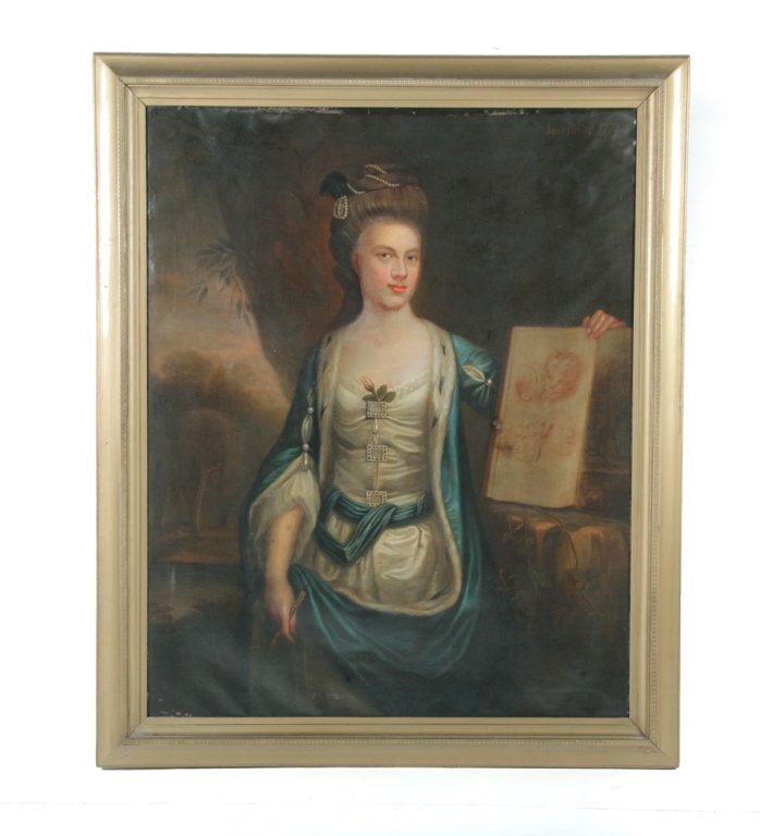 PORTRAIT OF A WOMAN SIGNED "JANE REILLY 1775".: European, 2nd half 18th century. Oil on canvas, signed top right. Well dressed woman with strands of pearls. Possibly a self portrait as she holds a pen and sketch pad. The back has partially erased i