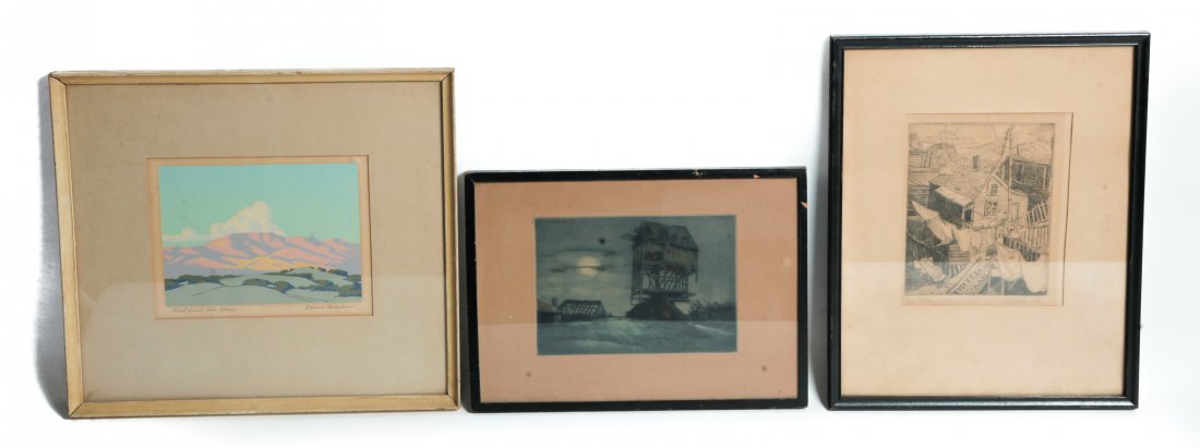 THREE PRINTS.: Twentieth century, signed. "Desert Sunset" serigraph, Edward Nicholson, 13.5"h. 15"w. and abandoned barn colored etching, Marcel Augis, 9.5"h. 13"w. and "Blue Monday" etching, Alexander Stern, 14.75"h
