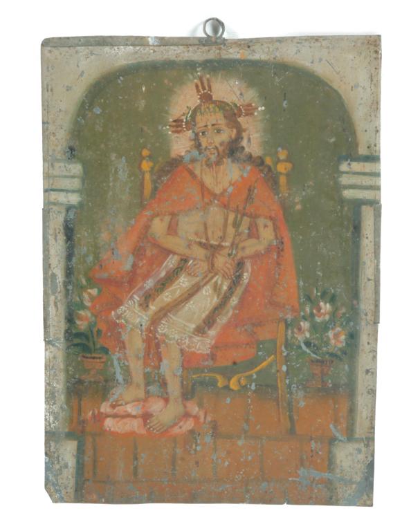 LATIN AMERICAN RETABLO.: Early 20th century. Original paint on tin. Jesus in a red robe seated on a throne. Wear and creases. 11”h. 8”w.