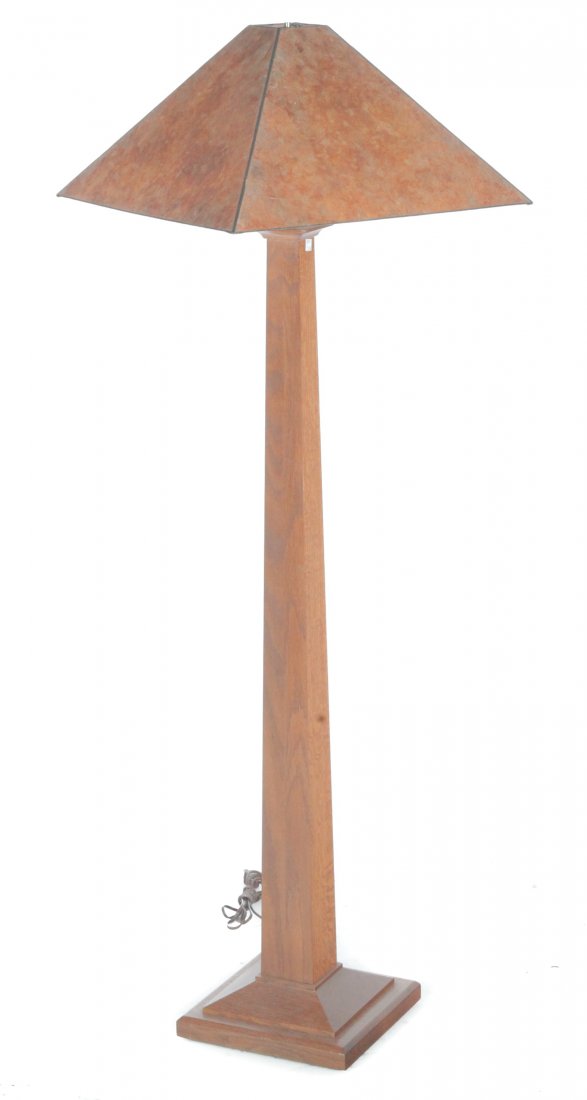 STICKLEY ARTS AND CRAFTS STYLE FLOOR LAMP: American, late 20th century. Quarter sawn oak, tapered square column, and stepped base. Branded label. 60"h.