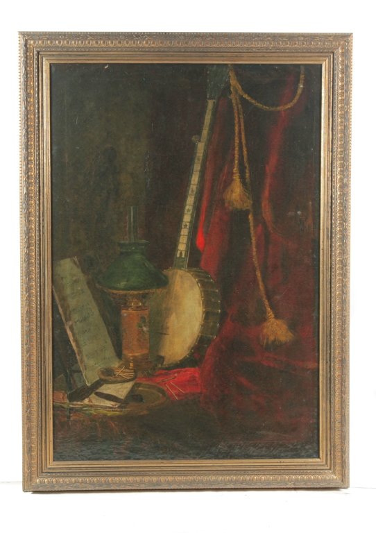 STILL LIFE (AMERICAN SCHOOL, LATE 19TH CENTURY).: Oil on canvas, unsigned. Banjo and oil lamp. Cincinnati preparerâ€™s mark. Revarnished, some flaking and inpainted repairs. 40”h. 27.5”w., framed, 46”h. 33.5”w.