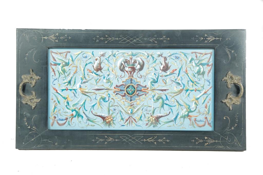 SECOND EMPIRE EBONIZED STAND WITH ORMOLU AMD TILE.: France, 3rd quarter 19th century. Top with turquoise tile with Adam-style decoration, makred "M & Co., Depose, Creil Et Montereau," fitted into tray top, base with gallery, coved edge, incised gilged 