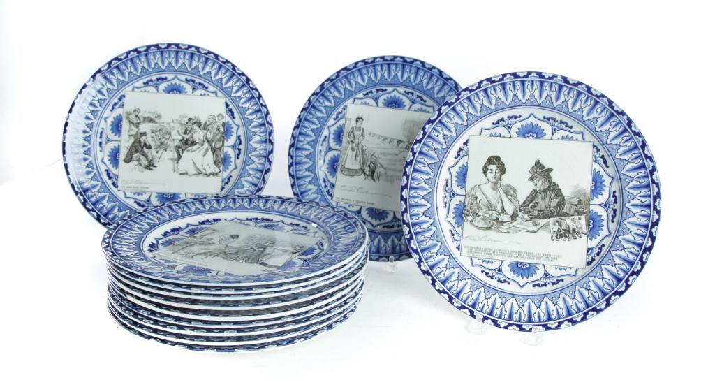 12 ROYAL DAULTON GIBSON GIRL PLATES.: England, copyright 1901. Flow blue with leaf brackets and black transfers of Charles Dana Gibson scenes including "They Take a Morning Run," "She Becomes a Trained Nurse," "She Goes into Colors," and