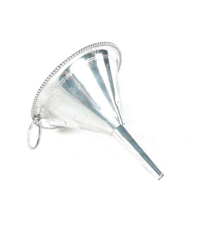 STERLING WINE OR LIQUOR FUNNEL.: American, ca. 1900. Beaded edge with engraved border and monogram surrounded with a wreath. Approx. 2 ozt.
