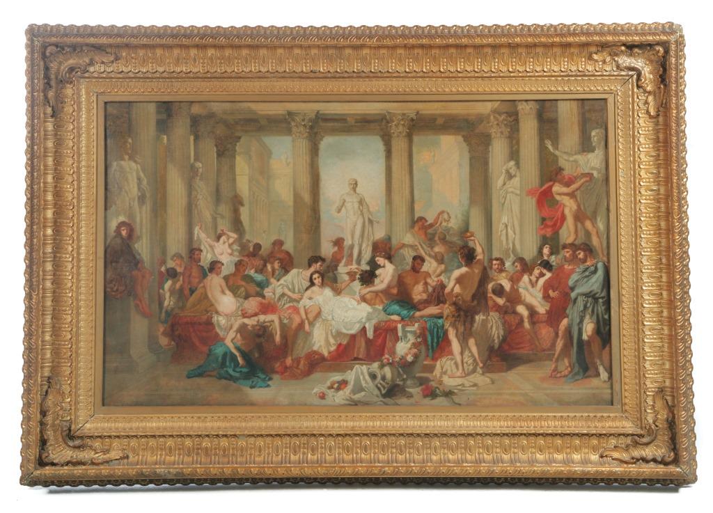 ROMAN REVELRY AFTER THOMAS COUTURE.: Oil on canvas, monogram â€œETP” and date 1880 lower left. Possibly a student copy after â€œRomans in their Decadence” by Thomas Couture, 1847. Some small tears. 30”h. 49”w., ornate fra