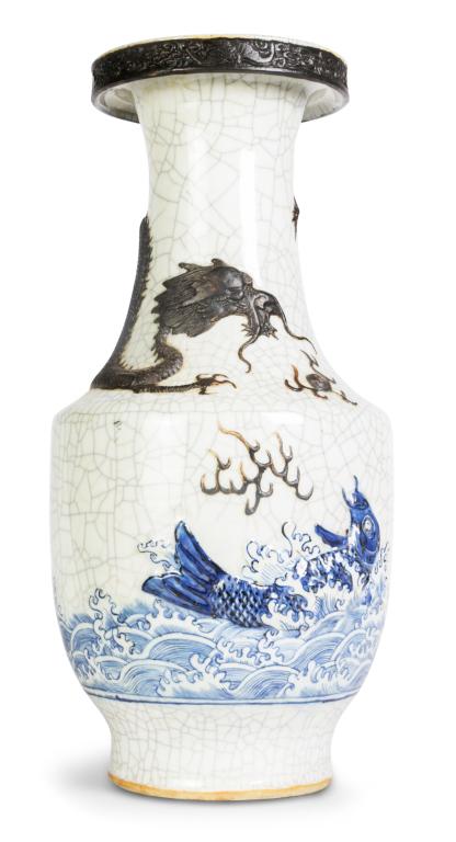 CHINESE VASE.: Second half-20th century. Crackle glaze with blue koi and brown glazed dragon in relief. Faux Chenghua impressed marks. 17.5"h.