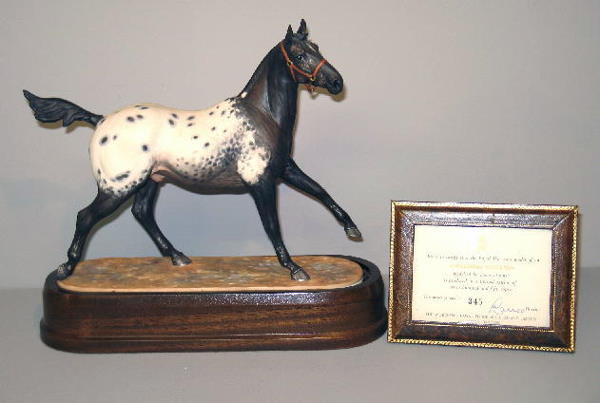 "ROYAL WORCESTER" BISQUE FIGURE. Limited edition A: "ROYAL WORCESTER" BISQUE FIGURE. Limited edition Appaloosa stallion modeled by Doris Lindner and hand painted. Labeled on the bottom and produced in 1969. Comes with a display case and numbered certif
