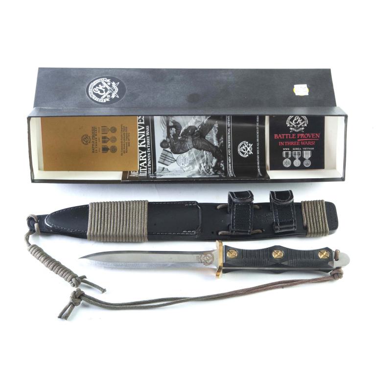 EK COMMANDO KNIVES M4 - 6.5" DAGGER: EK COMMANDO KNIVES M4 - 6.5" DAGGER. American. Satin finish double edged blade, micarta handle with milled "Handprint" pattern, brass "X" head pins, and brass double guard full tang construction. 12-3