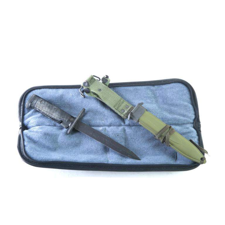IMPERIAL M6 - 6.75" BAYONET WITH M8 SCABBARD: IMPERIAL M6 - 6.75" BAYONET WITH M8 SCABBARD. American. Parkerized blade with black checkered handle. 11-3/8" overall length. Unused and includes M8A1 scabbard.