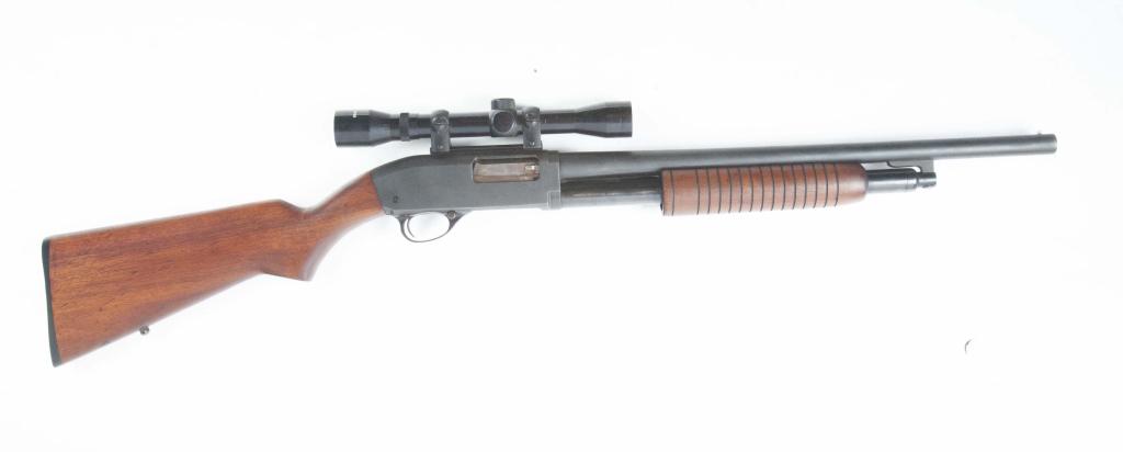 *HIGH-STANDARD MODEL K-1200 PUMPACTION 12-GAUGE SHOTGUN: HIGH-STANDARD MODEL K-1200 PUMP ACTION 12-GAUGE SHOTGUN WITH TASCO 4X32 SCOPE. American, 3rd quarter- 20th century. Walnut stock, blacked barrel and receiver, and attached scope. Barrel stamped â€�