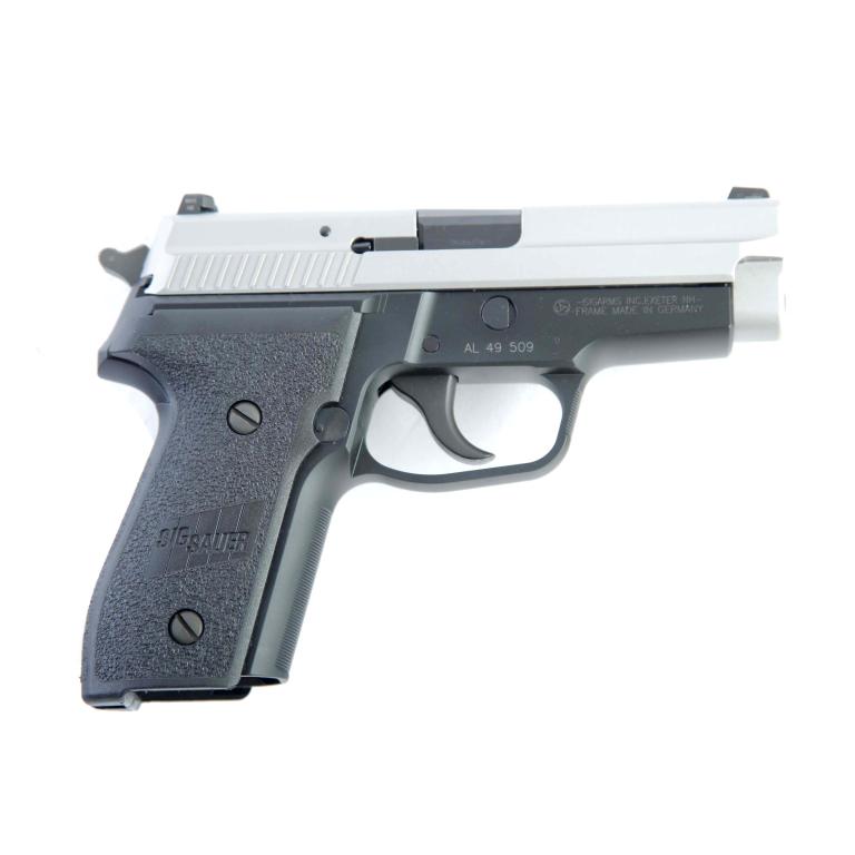 *SIG SAUER P229 9.0 MM SEMI-AUTOMATIC PISTOL: SIG SAUER P229 STAINLESS 9.0 MM SEMI-AUTOMATIC PISTOL. American, 21st-century. Blackened stainless steel slide and stainless steel frame. 3.86" barrel length, 7.1" overall. S/n AL 49 509. Includes cas
