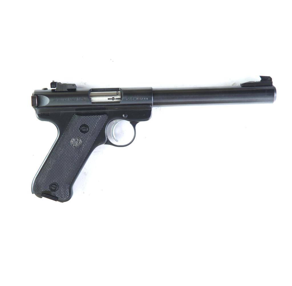 *RUGER MARK II GOV'T TARGET MODEL .22 LR PISTOL: RUGER MARK II GOV'T TARGET MODEL .22 LR PISTOL. American, 3rd quarter-20th century. Blued finish, grooved trigger, and sharply checkered black gloss Delrin grips. 6.875" barrel length, 11" overall. S/