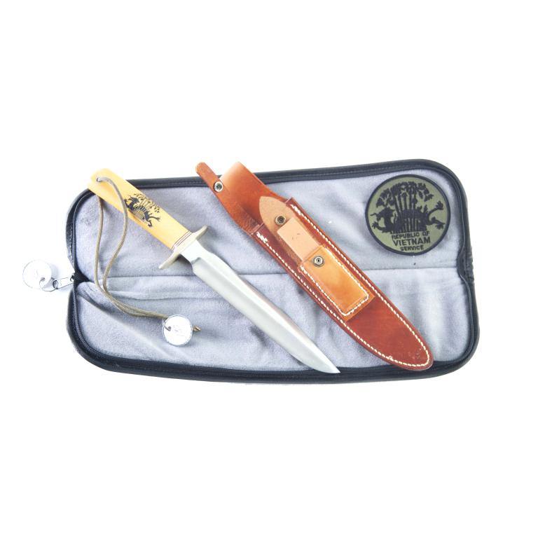 RANDALL KNIVES MODEL 1 1ST ISS VIETNAM VETERAN 8": RANDALL KNIVES MODEL 1 - 1ST ISSUE VIETNAM VETERAN 8". CA. 1987. Stainless steel blade etched VIETNAM VETERAN, double nickel silver hilt, red, white and blue spacers, and yellow Westinghouse micarta h