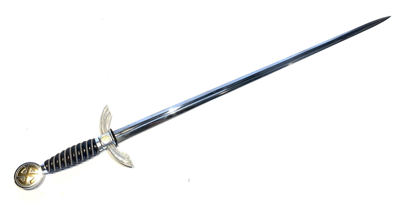 GERMAN WWII E&F HORSTER AIR FORCE SWORD WITH SCABBARD: GERMAN WWII NAZI "E&F HORSTER" AIR FORCE SWORD WITH SCABBARD. German, 2nd quarter-20th century. Pommel with large circular swastika, leather grip, wing guard, and leather covered scabbard. Blade marke