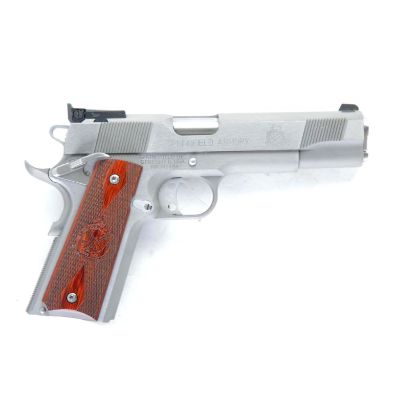 *SPRINGFIELD ARMORY MODEL 1911-A1 9.0 MM PISTOL: SPRINGFIELD ARMORY MODEL 1911-A1 9.0 MM SEMI-AUTOMATIC PISTOL. AMERICAN. Stainless steel frame, adjustable rear sight, and checkered walnut grips. 5" barrel length, 8.75" overall. S/n NM341484. Unfire
