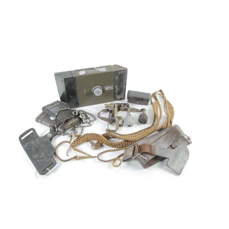 GROUP OF MILITARY ITEMS.: GROUP OF MILITARY ITEMS. American. Two rifle cleaning kits in tin cases, 5.5"h. Leather Civil War cartridge case, marked "Rock Island Arsenal." A WWII trench periscope, various pieces of gold and silv