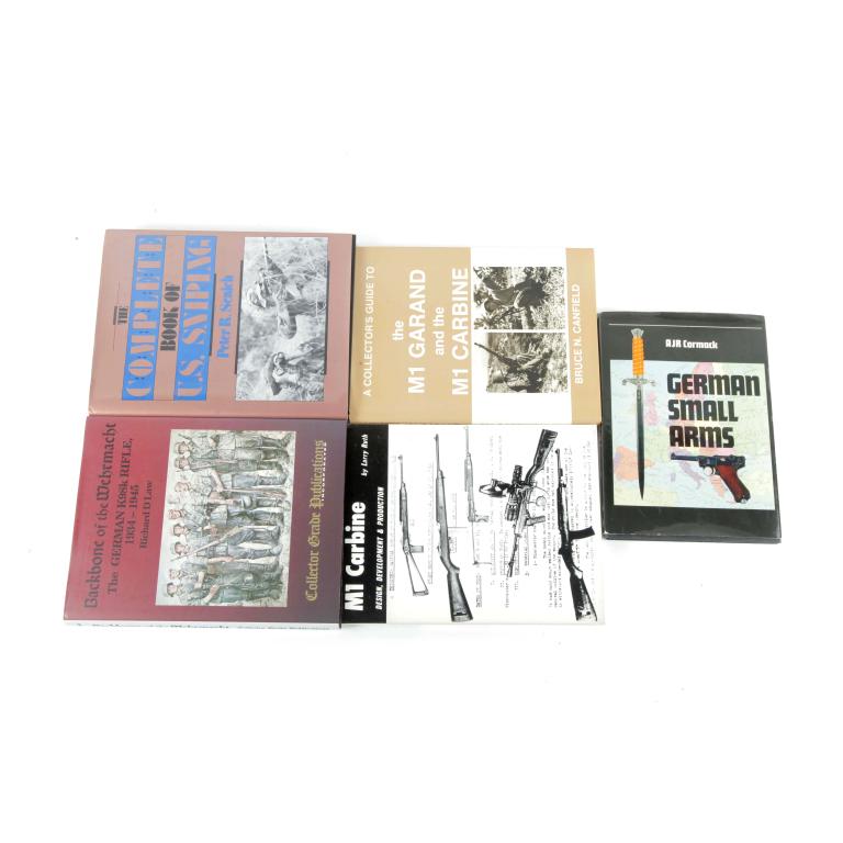 FIVE MILITARIA BOOKS: FIVE MILITARIA BOOKS. Includes German Small Arms by Cormack, 1979, A Collector's Guide To the M1 Garand and the M1 Carbine by Canfield, 1988, M1 Carbine - Design, Development & Production by Ruth, 197
