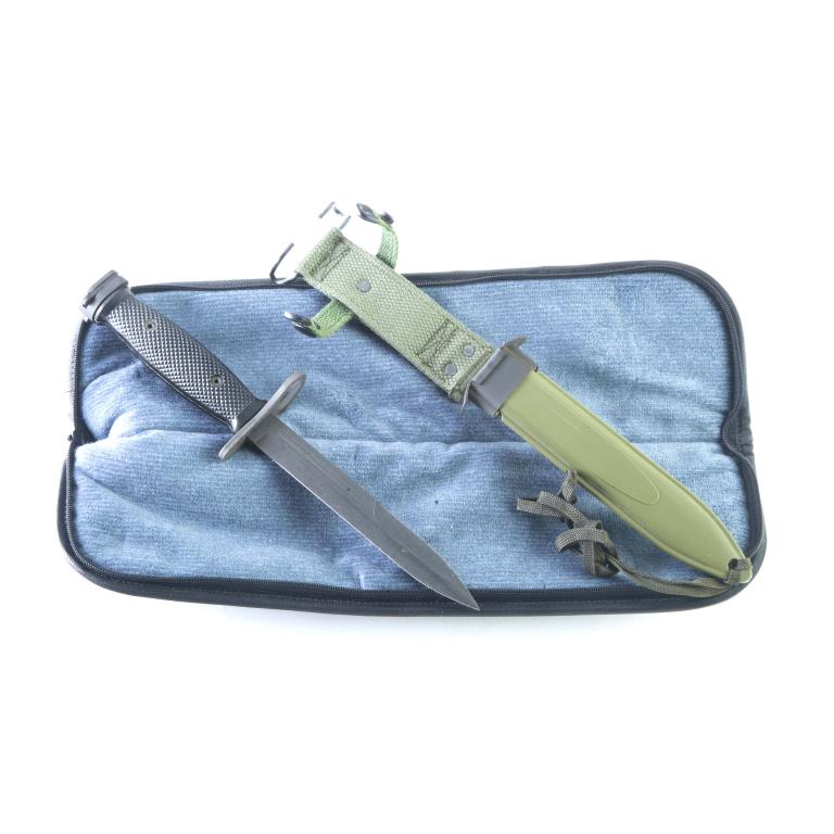 ONTARIO M7 6.75" BAYONET WITH M8 SCABBARD: ONTARIO M7 6.75" BAYONET WITH M8 SCABBARD. American. Parkerized blade with black checkered handle. 11.75" overall length. Includes M8A1 scabbard.