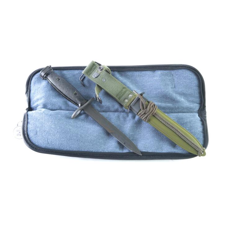 ONTARIO M7 6.75" BAYONET WITH M8 SCABBARD: ONTARIO M7 6.75" BAYONET WITH M8 SCABBARD. American. Parkerized blade with black checkered handle. 11.75" overall length. Includes M8A1 scabbard.