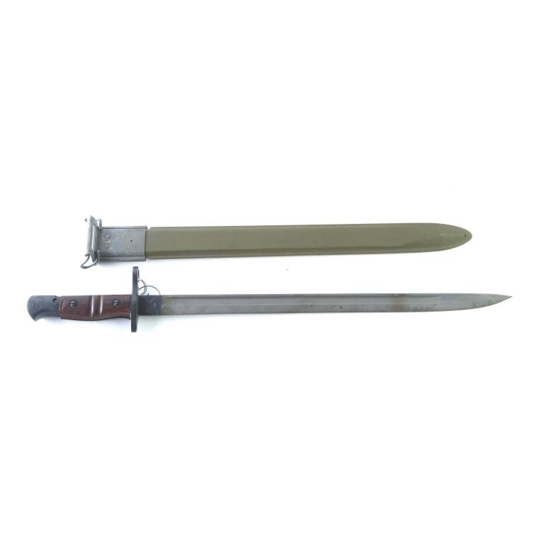 REMINGTON M1917 - 16" BAYONET WITH SCABBARD: REMINGTON M1917 - 16" BAYONET WITH SCABBARD. American. Parkerized finish with walnut grips. 21.75" overall length. Includes scabbard marked "U.S.-M1917".